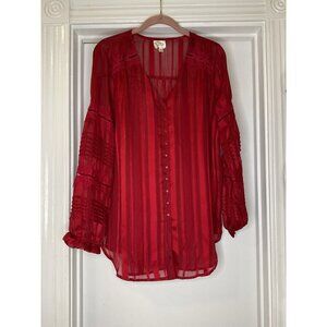 Fig and Flower Red Shimmer Lace Button Blouse Fairy Top Size L